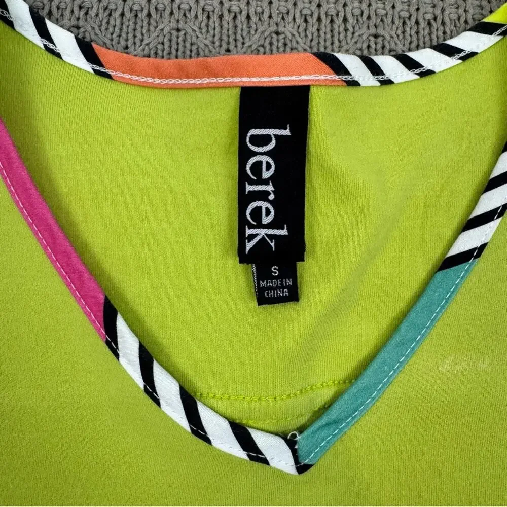 Berek Women’s Lime Green V-Neck Top with Colorful Stripes & Bell Sleeves ~ Smal - Picture 5 of 9